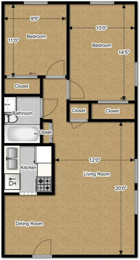 Floor plan for 2 beds, 1 bath, 763 sqft